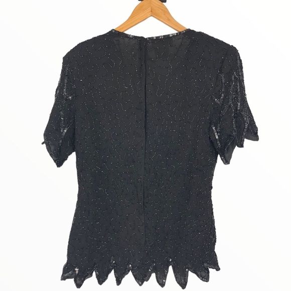 80’s Vintage Stenay Black Beaded Flapper Gatsby Zigzag Hem Short Sleeve Blouse - Picture 8 of 13